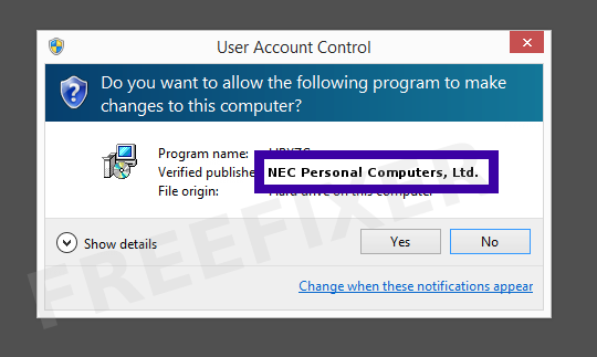 Screenshot where NEC Personal Computers, Ltd. appears as the verified publisher in the UAC dialog